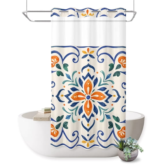 No Hook Shower Curtain, Orange Blue Botanical Shower Curtains for Bathroom with See Through Top Window, Ethnic Boho Farmhouse Floral Waterproof & Washable Bath Curtain Stand Up Stall 36"x72"