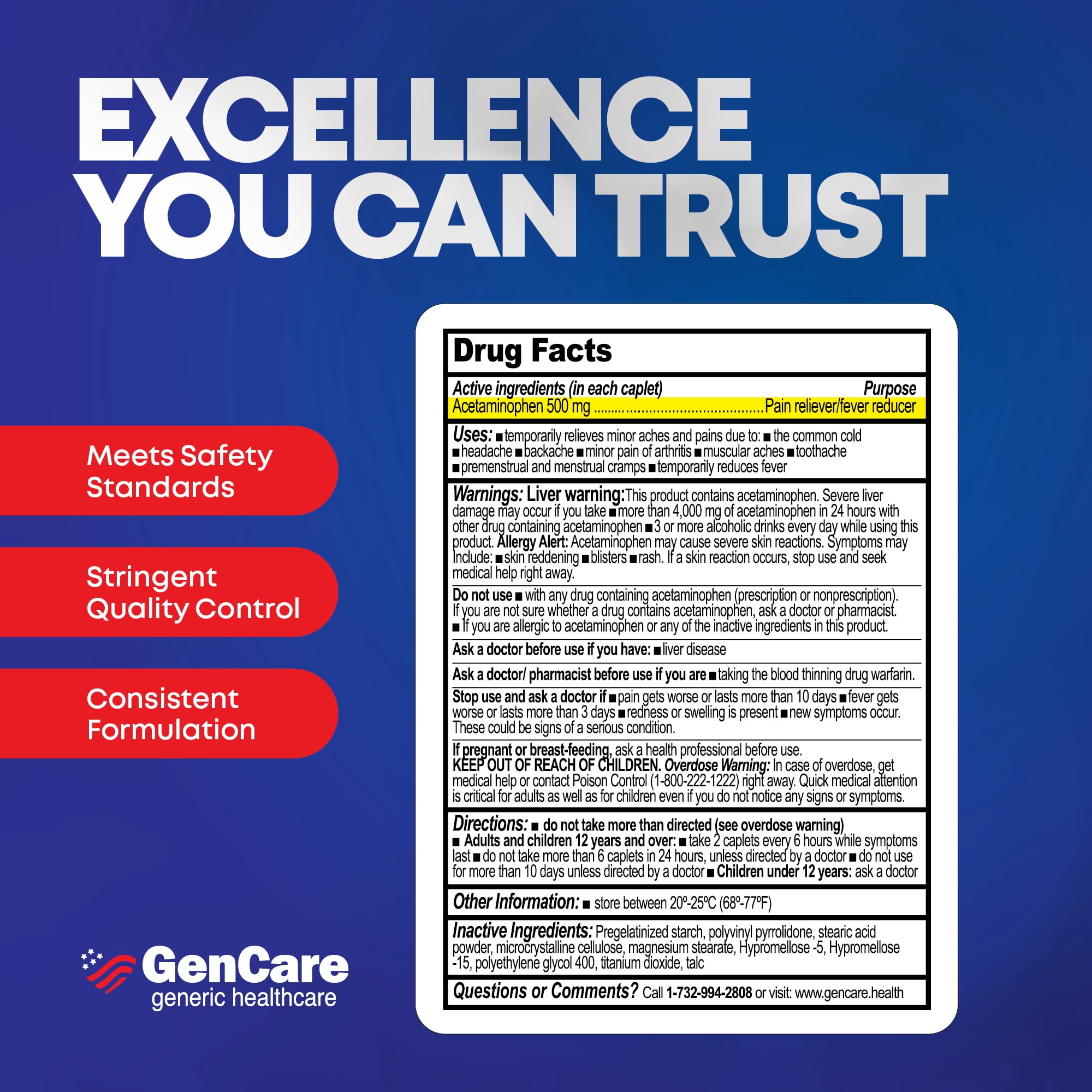 GenCare Extra Strength Acetaminophen 500mg Pain Relief Fever Reducer, 300 Caplets