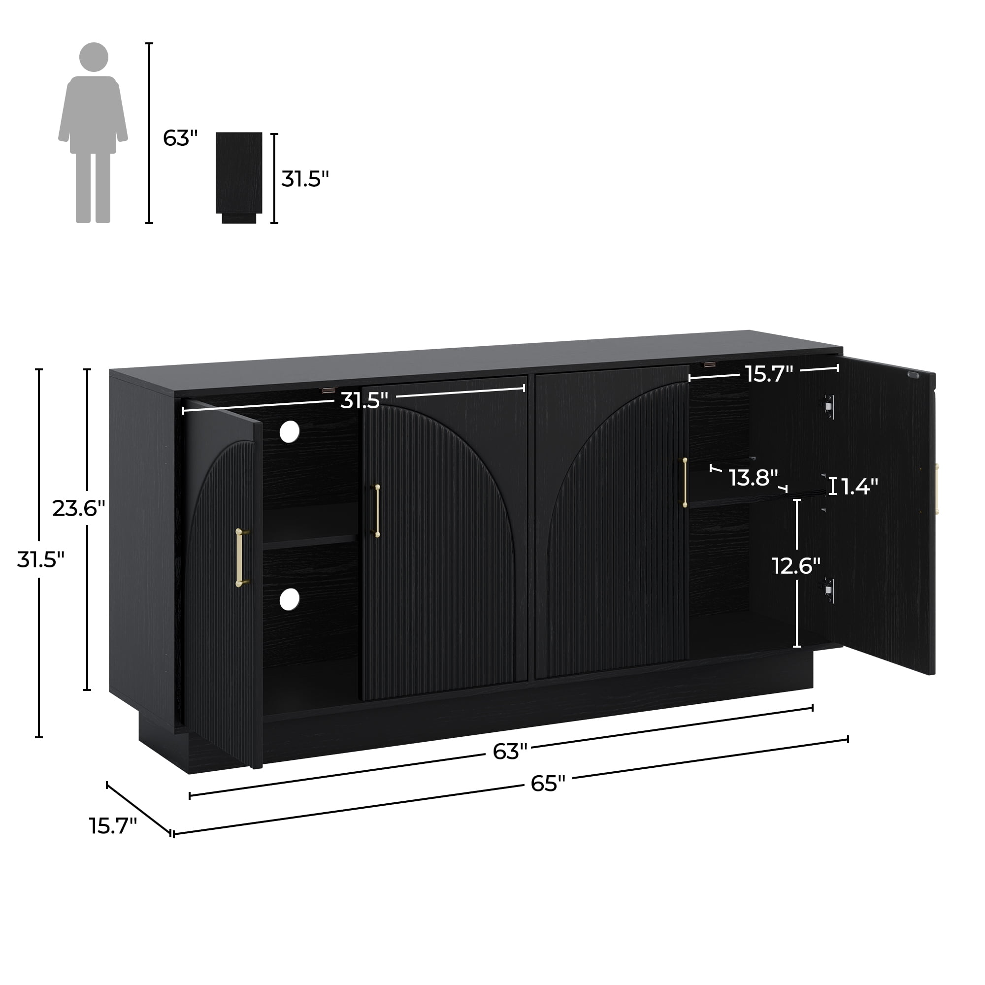 Mid-Century Fluted TV Stand with Storage Fits TVs up to 75", Entryway Console, Sideboard, Ebony Black
