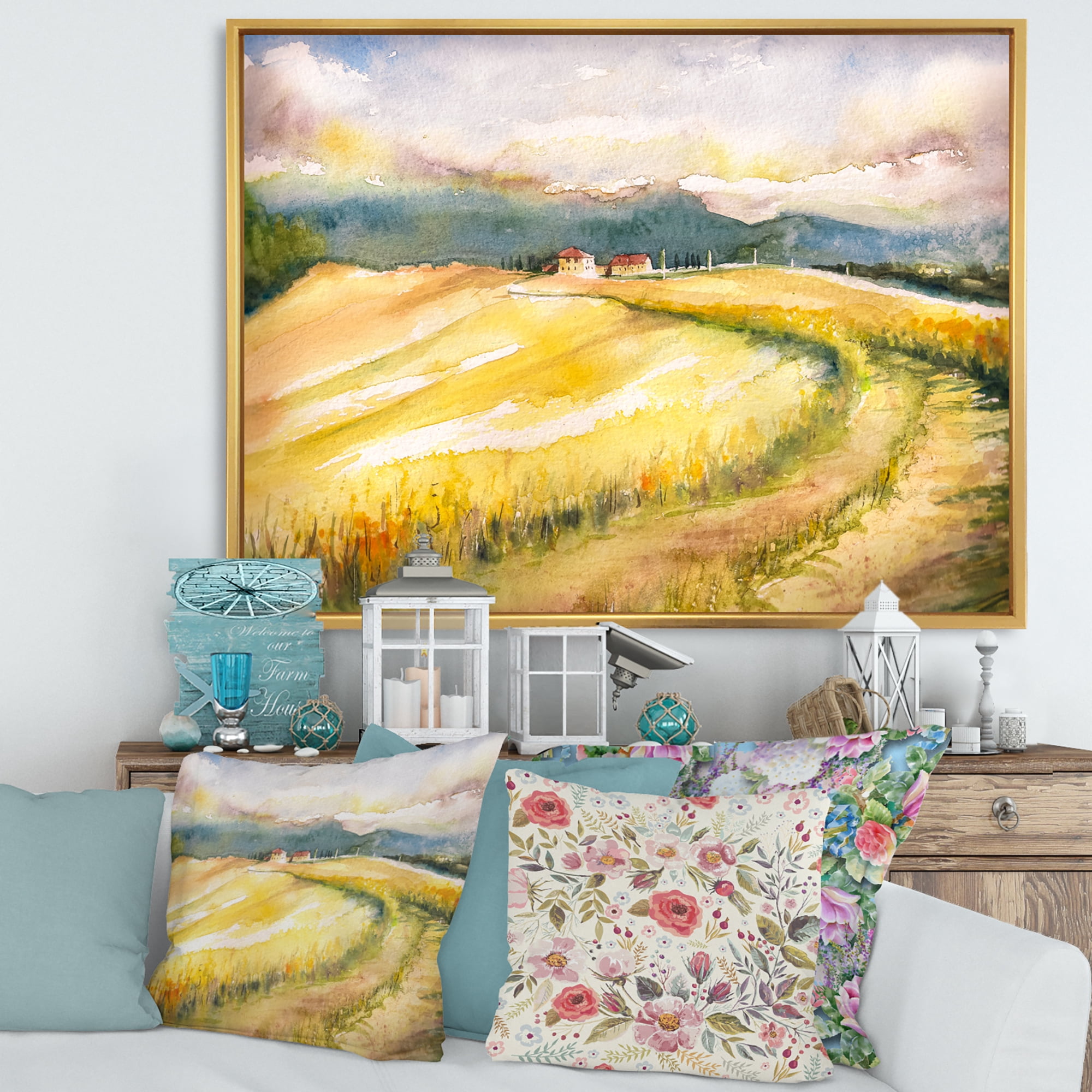 Designart 'Golden Grass Fields of Tuscany Italy' Country Framed Canvas Wall Art Print