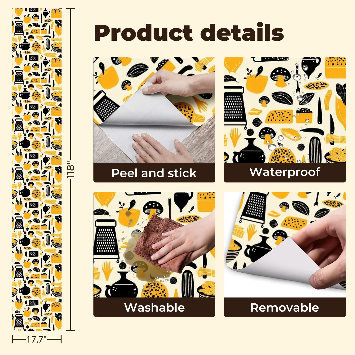 Modern Peel and Stick Wallpaper 17.7in x 9.8ft Abstract Food Mushrooms Vegetables Yellow Black Contact Paper Self-Adhesive Removable Wall Paper for Bedroom Kitchen Cabinet Renter Friendly