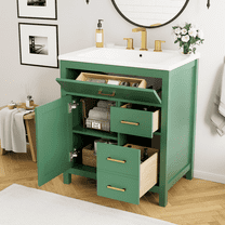DTTRA 30 in Green Bathroom Vanity with Ceramic Sink, 1 Door, 3 Drawers, Soft Close, Adjustable Shelf for Small Bathrooms
