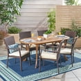 thumbnail image 2 of GDF Studio Beckmann Outdoor Acacia Wood and Wicker 7 Piece Dining Set with Cushions, Teak, Brown, and Cream, 2 of 13