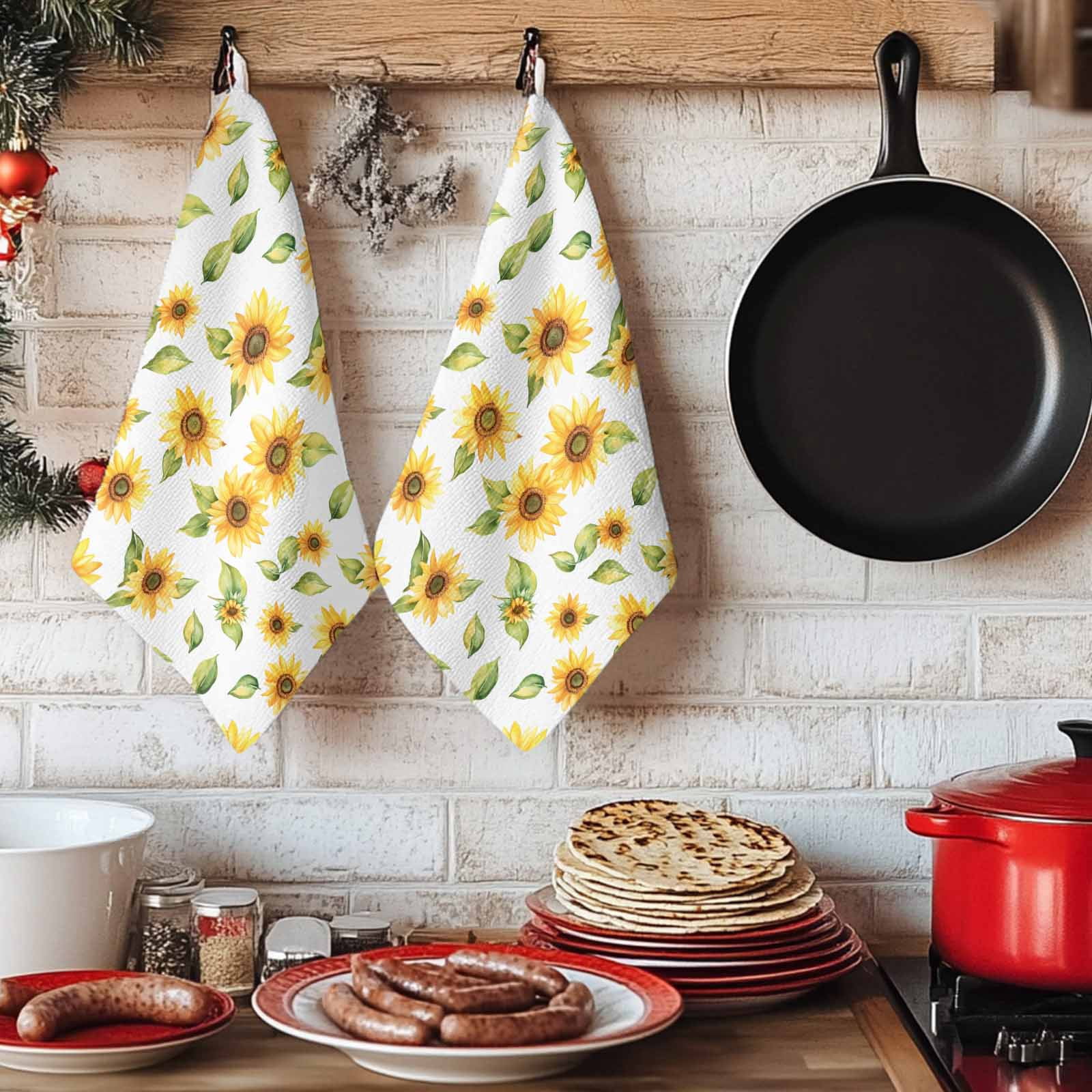 Summer Sunflowers Kitchen Towels Set of 2, Watercolor Botanical Floral Leaves Absorbent Dish Towels for Kitchen, Microfiber Hand Towel, Quick Drying Tea Towel for Cleaning Decorative Dishcloths