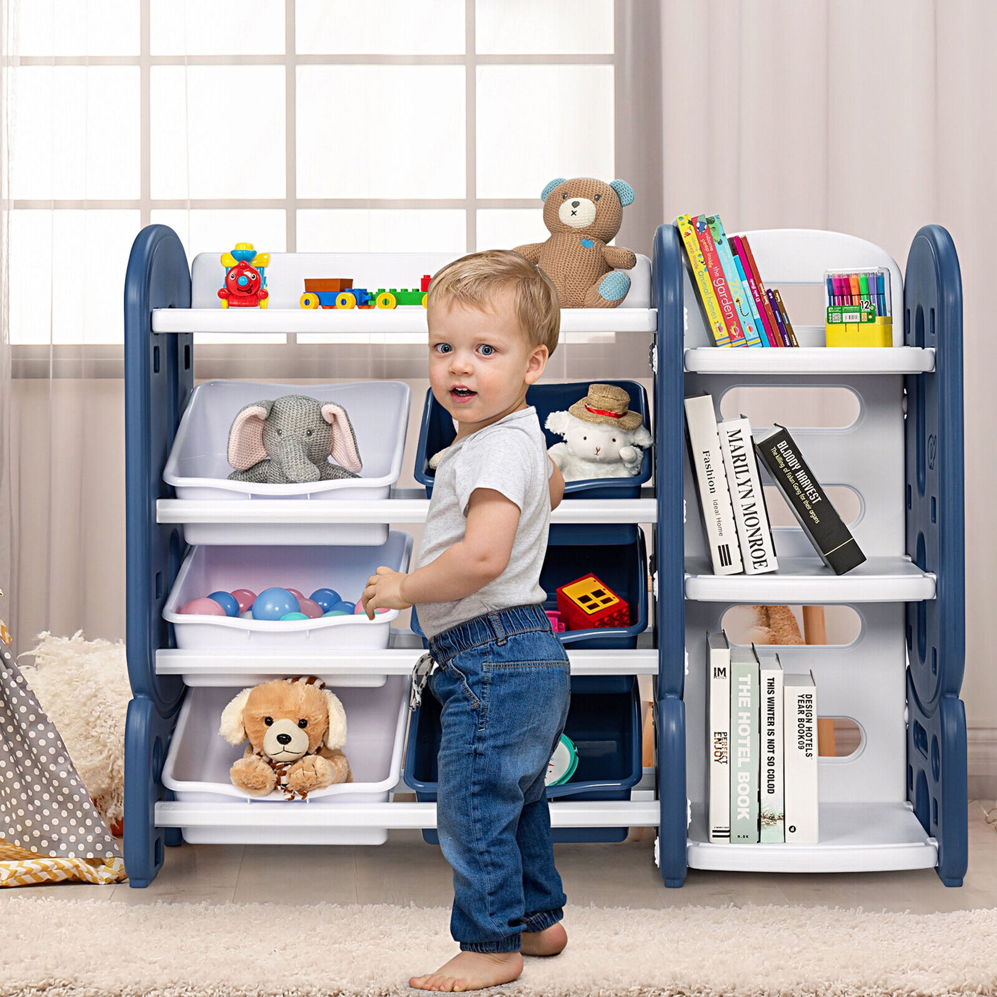 Gymax Kids Toy Storage Organizer w/ Bins & Multi-Layer Shelf for Bedroom Playroom Blue