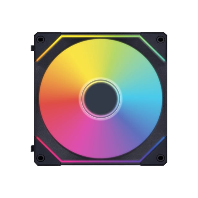 LIAN LI UNI FAN SL INFINITY 140 RGB BLACK ---UF-SLIN140-1B, a 140x142x25mm fluid dynamic bearing case fan in black, featuring customizable RGB lighting effects with a vibrant circular gradient. Designed for PC cooling, no controller included.