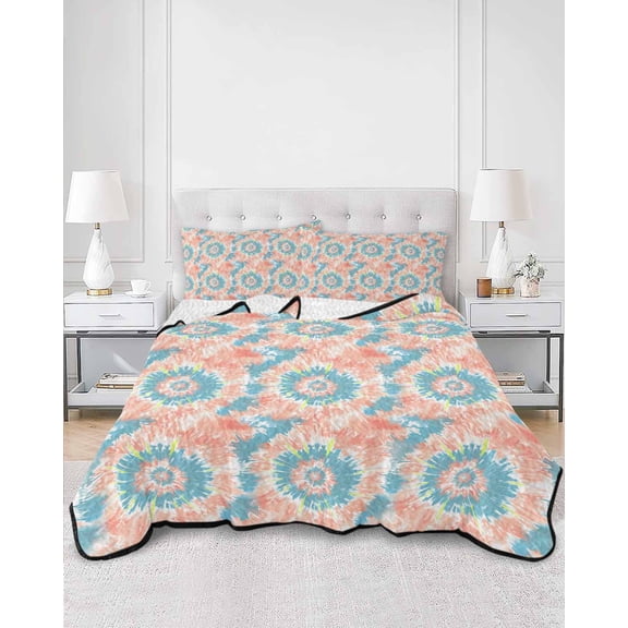 Quilts Queen Size, Teal Orange Soft Comforter Bedding Set for Bed, Modern Tie Dyeing Contemporary Abstract Art Lightweight Quilted Bedspread with Pillow Cover(2 Pieces) for All Season, 90x96 Inch
