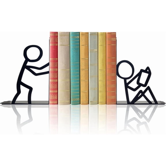 Unique Stick Figure Decorative Metal Bookends, Heavy Duty Non-Slip Book Supports for Shelves, Cute Reading Themed Book Ends Gift for Book Lovers, Ideal for Office, Bedroom & Library