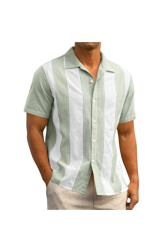 Mens Vintage 70S Shirts Retro Contrast Color Striped Button Down Cuban Collar Summer Causal Polo Shirt