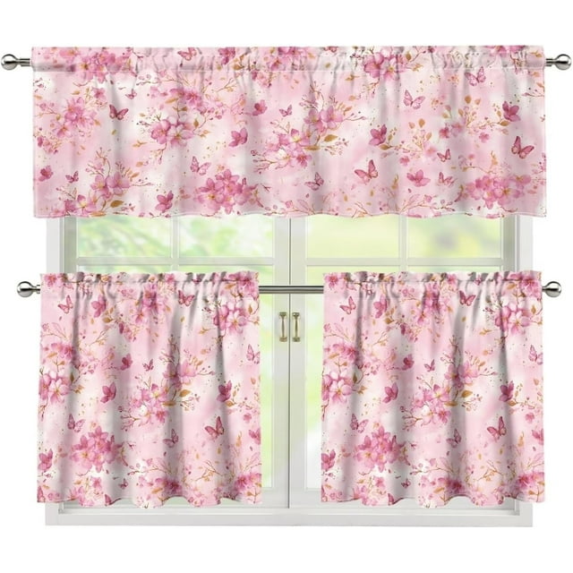 Pink Butterfly Cherry Blossom Kitchen Curtain Valance and Tiers Set Kitchen Window Curtains Kitchen Valance Long Tier Curtains Cafe Curtains Rod Pocket Valances Home Decor