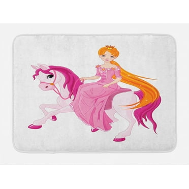 Pony Bath Mat, Cartoon Sitting on a Horse with Pinkish Mane Tale Scene, Plush Bathroom Decor Mat with Non Slip Backing, 29.5" X 17.5", Marigold Pink and White, by Ambesonne