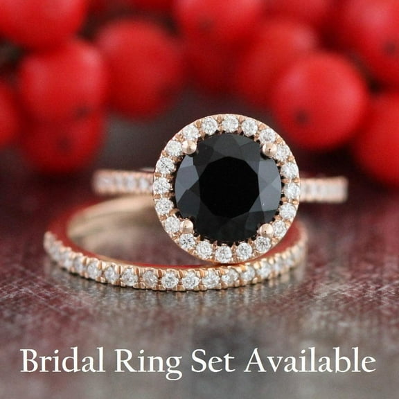 Limited Time Sale 1.50 carat Black Diamond Halo Bridal Ring Set Wedding Ring Set in 10k Rose Gold for Women on Affordable price