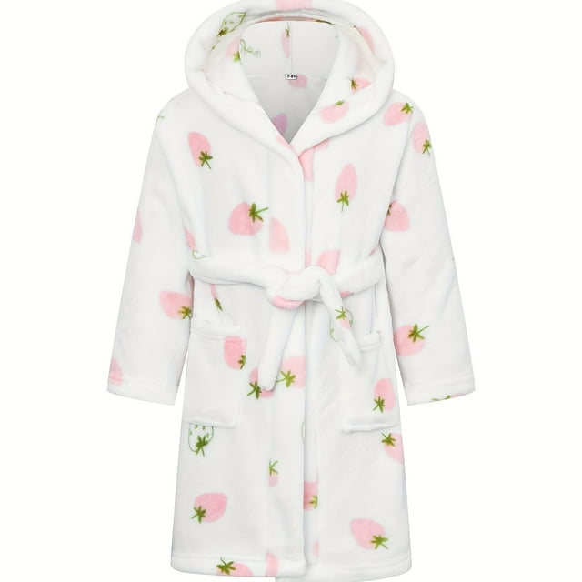 Girls Hooded Bathrobe Strawberry Pattern Flannel Soft Warm Pockets Belt Robe Pyjamas Sleepwear Kids Spring Clothes