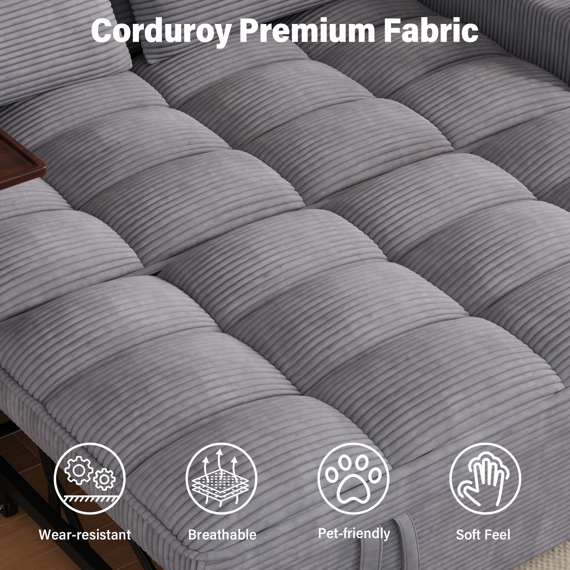Aukfa 65"W Convertible Sofa Bed with Storage, 3-in-1 Corduroy Queen Sleeper Sofa Couch with 360° Swivel Side Table & USB /Type-C Ports,Gray