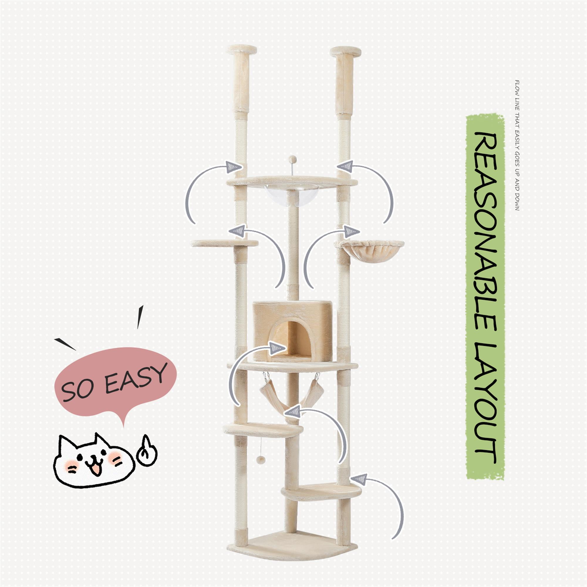 Kadyn Floor to Ceiling Cat Tree for Indoor 92"-101" Height Adjustable Cat Tower, Kitty Climbing Play House with Cozy Cat Condo, Perches and Hammock, Beige