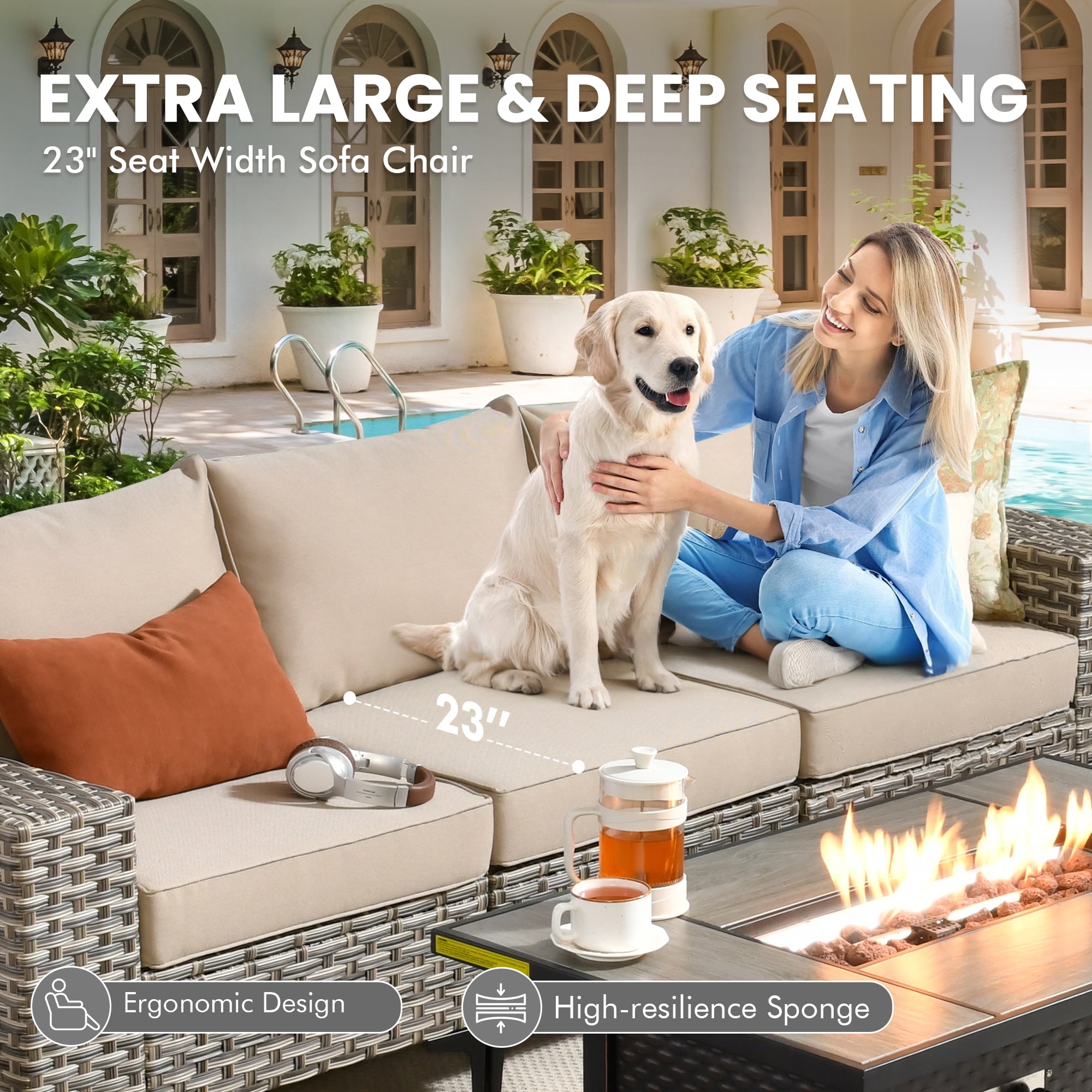 XIZZI Patio Furniture Outdoor Conversation Set with Wide Armrests, Wicker Rattan Patio Outdoor sectional with Firepit Table and Swivel Rocking Chair, Beige
