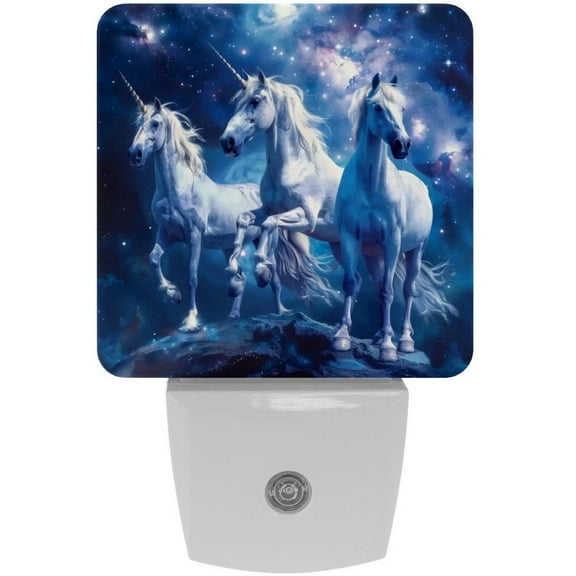 PhooArto Unicorns in Blue Galaxy Plug in LED Night Light Auto Sensor Dusk to Dawn Decorative Night for Bedroom, Bathroom, Kitchen, Hallway, Stairs, Baby's Room, Energy Saving