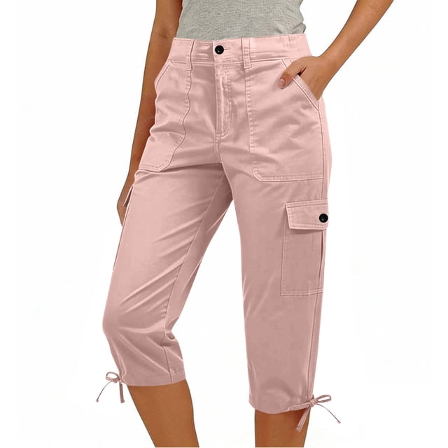 TaTaai Women's 7/8 Length Cargo Hiking Pants Straight Leg Casual Outdoor Pants with Elastic Waist Button Zipper Closure Ankle Tie and Side Pockets for Utility Wear Gift