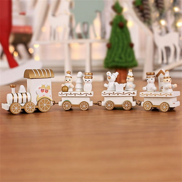 Little Wood Merry Christmas Train Decoration Wooden Cars Farm Truck Toy Festival Table Ornament New Year Gift for Kid Girls Adults White