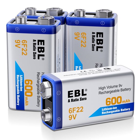 EBL 4-Pack 600mAh 9V Rechargeable Batteries 9 Volt Lithium-Ion General Purpose Battery