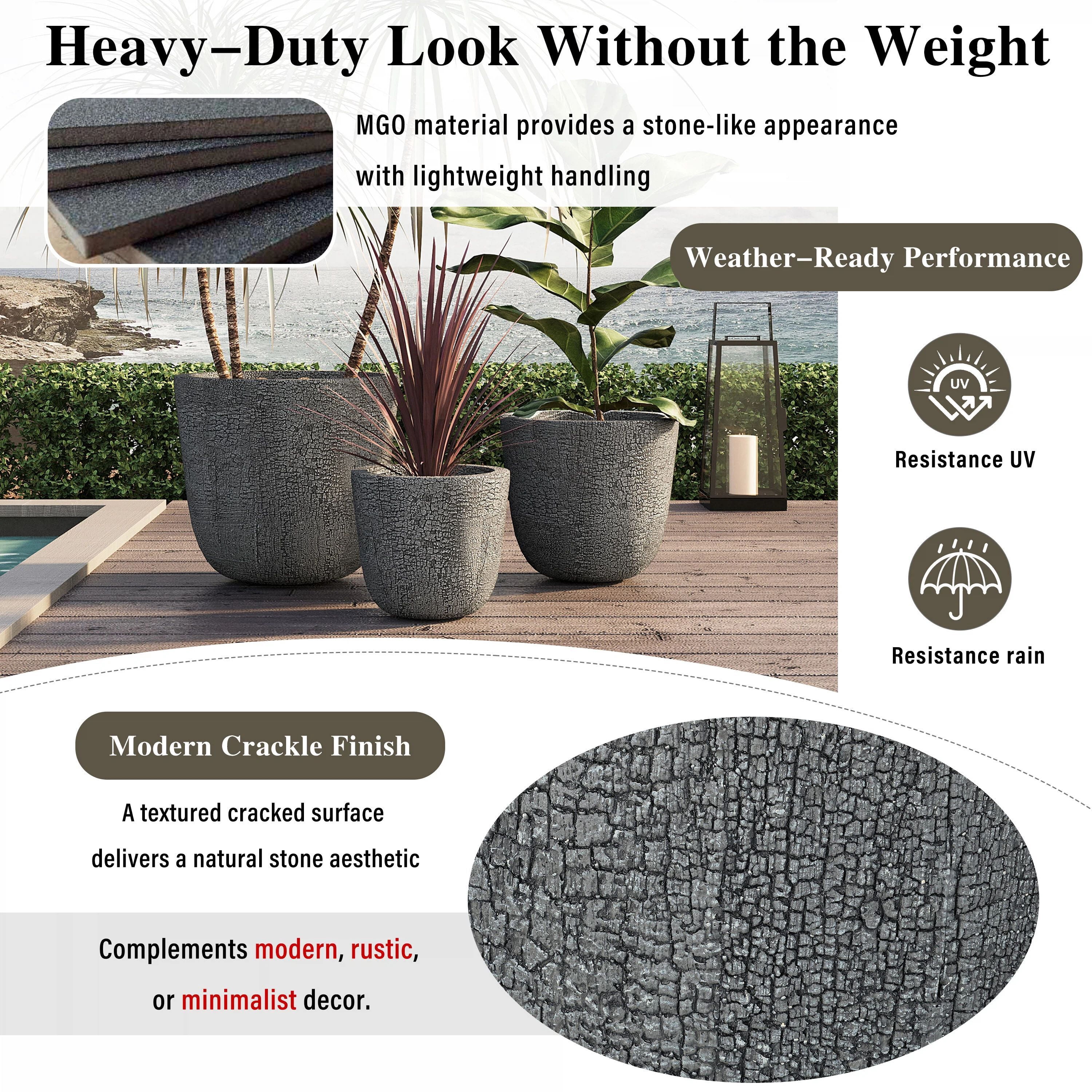 Euroco Large Concrete Planter Set of 3, 16.93"+13.78"+11.02" Dia Round Stackable Flower Pots with Drainage Holes and Rubber Plug,Modern Decorative Pots for Patio Garden Balcony Indoor Outdoor