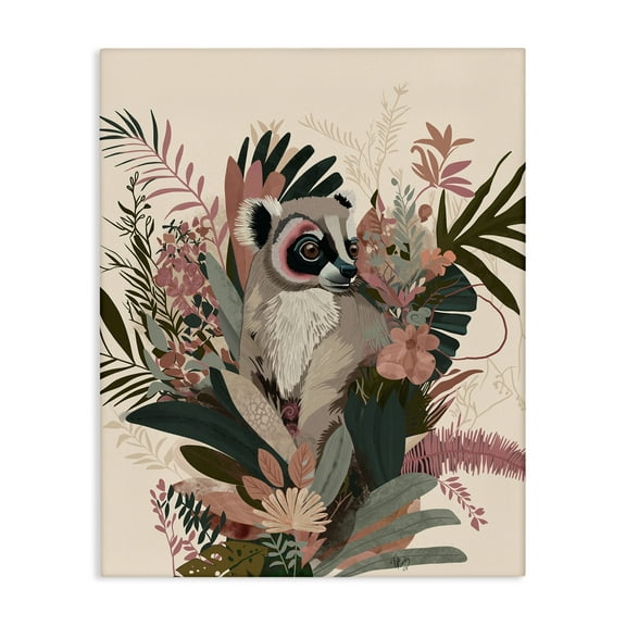 Stupell Industries Lemur with Hibiscus Plants Animals & Insects Painting Gallery Wrapped Canvas Art Print Wall Art, 16 x 20