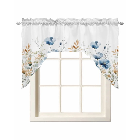 Blue Spring Floral Kitchen Curtains Swag Valance for Windows/Bathroom/Cafe, Watercolor Blooming Summer Botanical Rod Pocket Drape Panel Swag Curtain Valance for Bedroom/Living Room 55''x36''