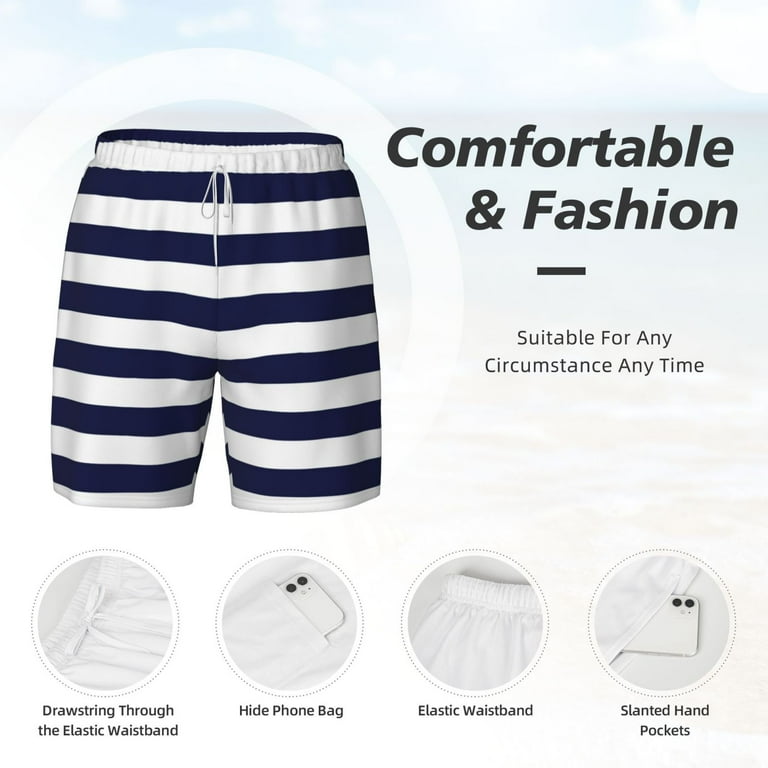 Kdxio Navy Blue And White Stripes Print Men'S Swim Trunks With