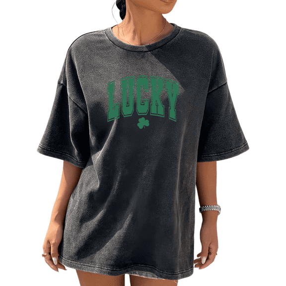 Lucky Print Tshirt Graphic Tees Washed Black Shirts S-5XL St Patricks Day Womens Casual Tops