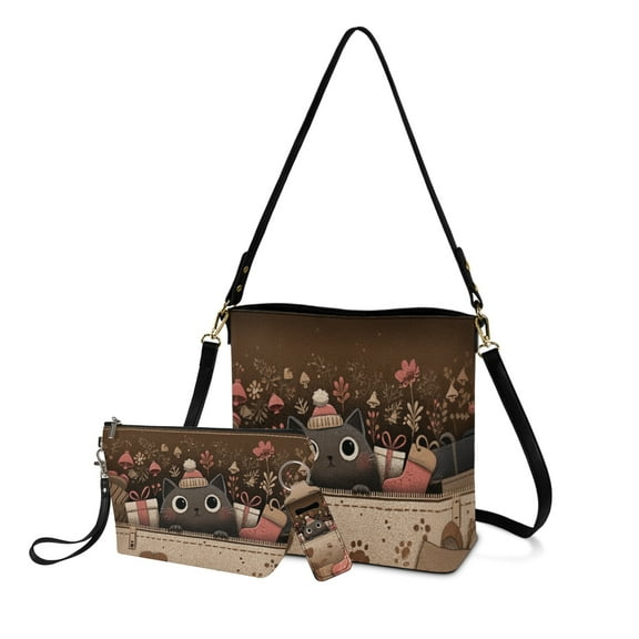ZUXONGSY Black Cat Gift Print Women's Crossbody Bag 3-in-1 Set with Matching Makeup Pouch and Lipstick Keychain, Bucket Purse with Cosmetic Bag Gift