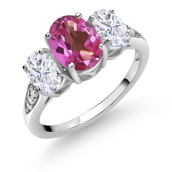 Gem Stone King 10K White Gold Pink Mystic Topaz White Moissanite and White Lab Grown Diamond 3 Stone Engagement Ring for Women (2.34 Cttw, Gemstone Birthstone, Available in Size 5, 6, 7, 8, 9)