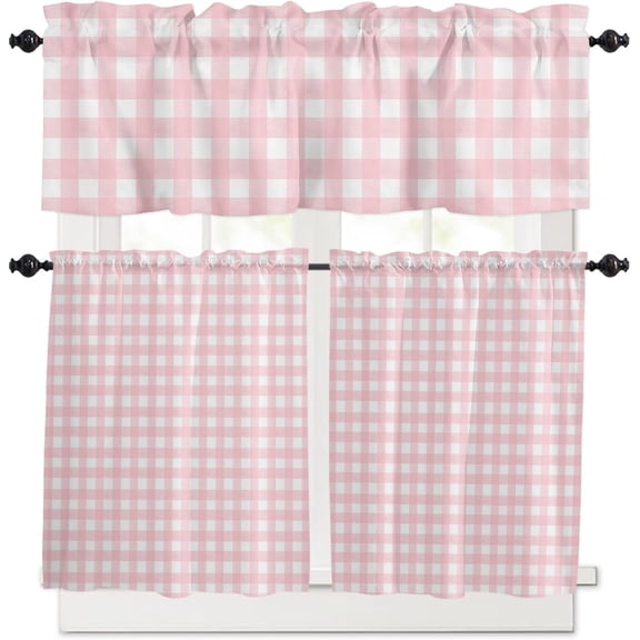 Kitchen Curtains and Valances Set, Pink Buffalo Plaid Rod Pocket Window Valance 18 Inch Window Curtain Panels for Living Room Bedroom Laundry, 27.5x24in, 3 Pieces