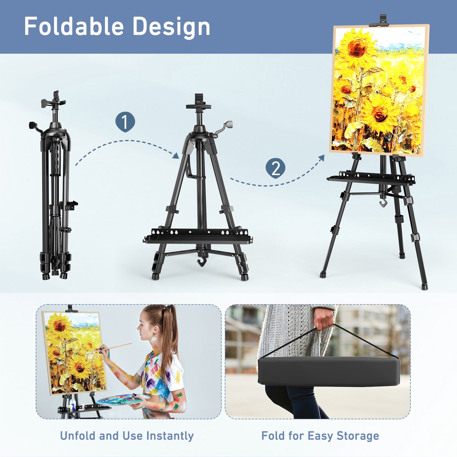 Doulami Art Easel Stand for Painting Portable Display Easel Stand Adjustable Metal Display Artist Tripod with Bag Height from 19 to 63 inches, Sturdy for Drawing, Displaying - Black