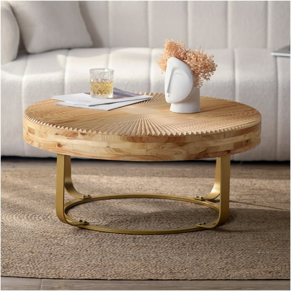 JERFIT Modern Round Coffee Table with Carved Wood Top & Gold Metal Legs, 220 lbs Capacity Accent Table for Living Room, Office