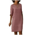 thumbnail image 3 of Lindbes Femmes Casual Robes Été Mode en Vrac Couleur Unie à Manches Courtes Dentelle Épissage Coton Lin Robe Robes, 3 of 7