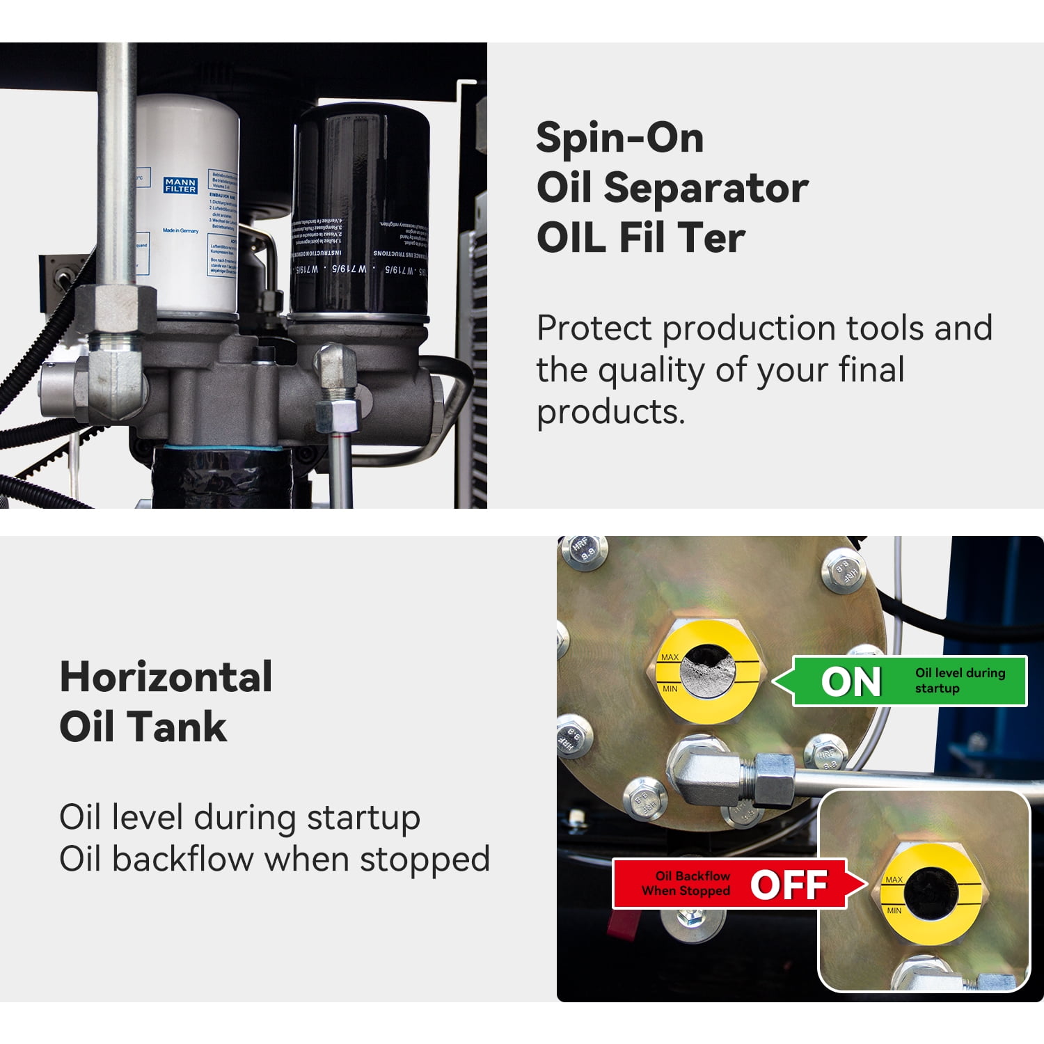 HPDMC 5.5HP Rotary Screw Air Compressor, 230V 1-Phase/3-Phase, 18 CFM @ 145 PSI, Industrial Oil-Lubricated Air Pump with Variable Frequency Drive & Touch Screen Control, 39.3''×24.8''×32.6''