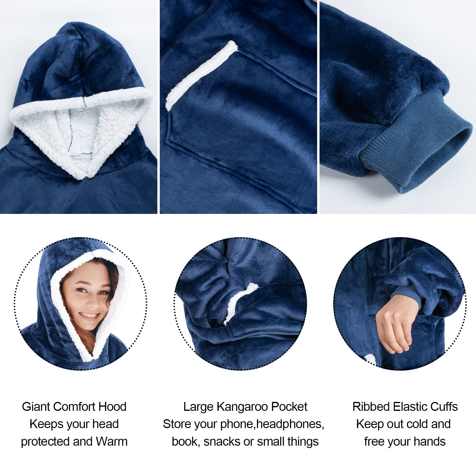 Qoosea Wearable Blanket Hoodie Oversized Fleece Sherpa Sweatshirt with Giant Pocket Winter Hooded Blanket for Women Men Christmas Gifts Navy Blue