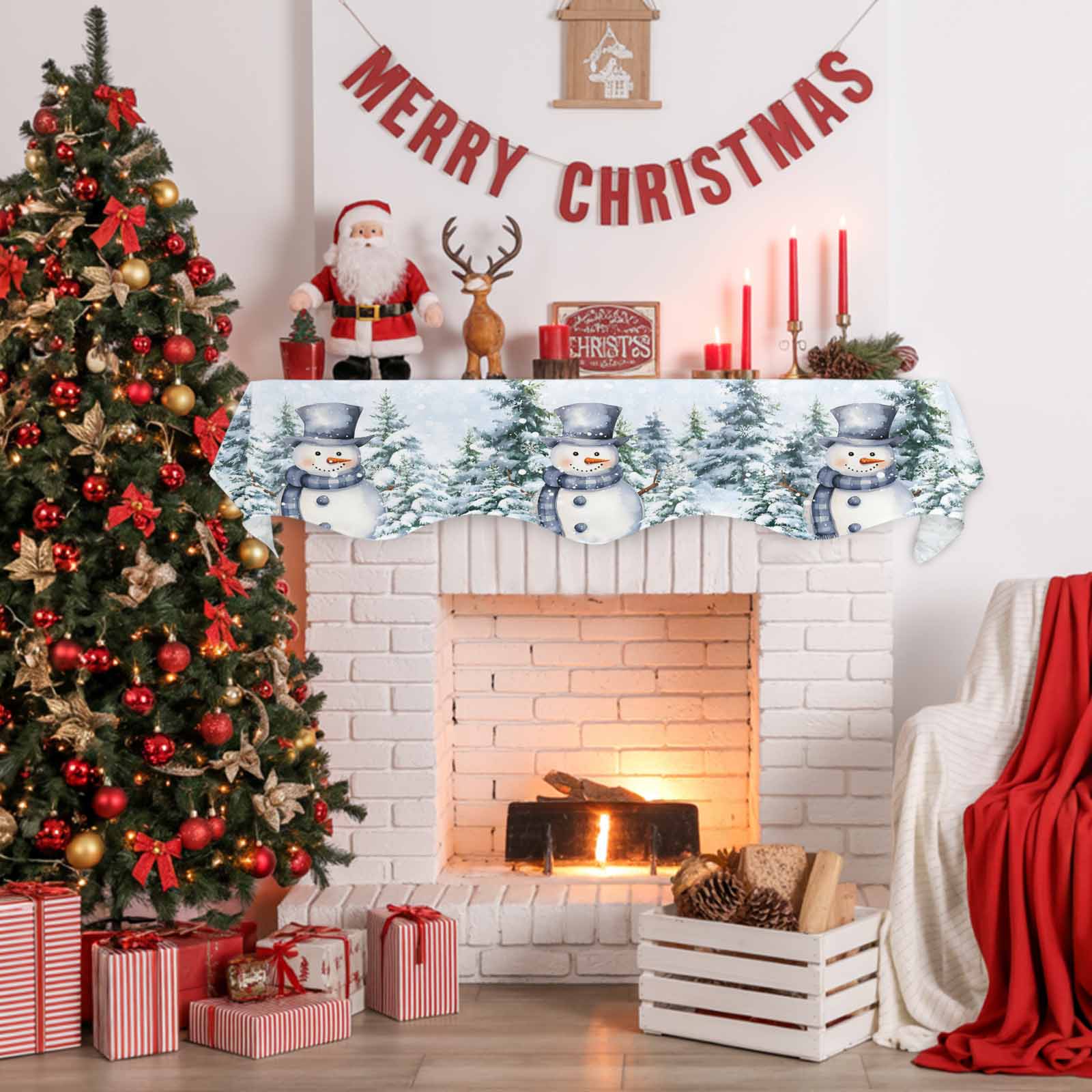 Christmas Blue Snowman Fireplace Mantle Scarf Winter Snow Scene Pine Tree Forest Bird Mantel Cover Runner Fireplace Cloth for Holiday Party Home Living Room Decor 70 x 17 Inch