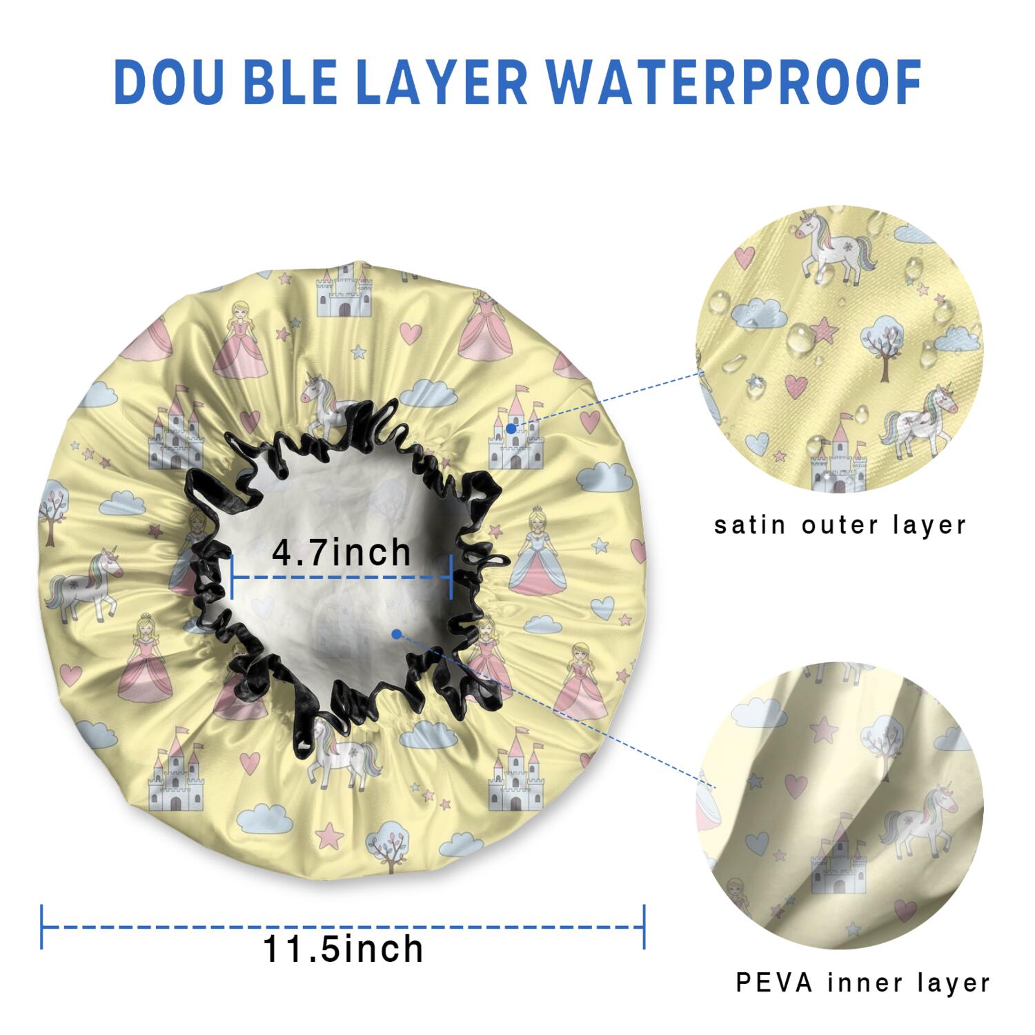 Shower Caps,Yellow Princess Unicorn Pattern Waterproof Shower Cap for Women 4 Pieces,Double Reusable Hair Cover for Shower PEVA Elastic Stretch Hem