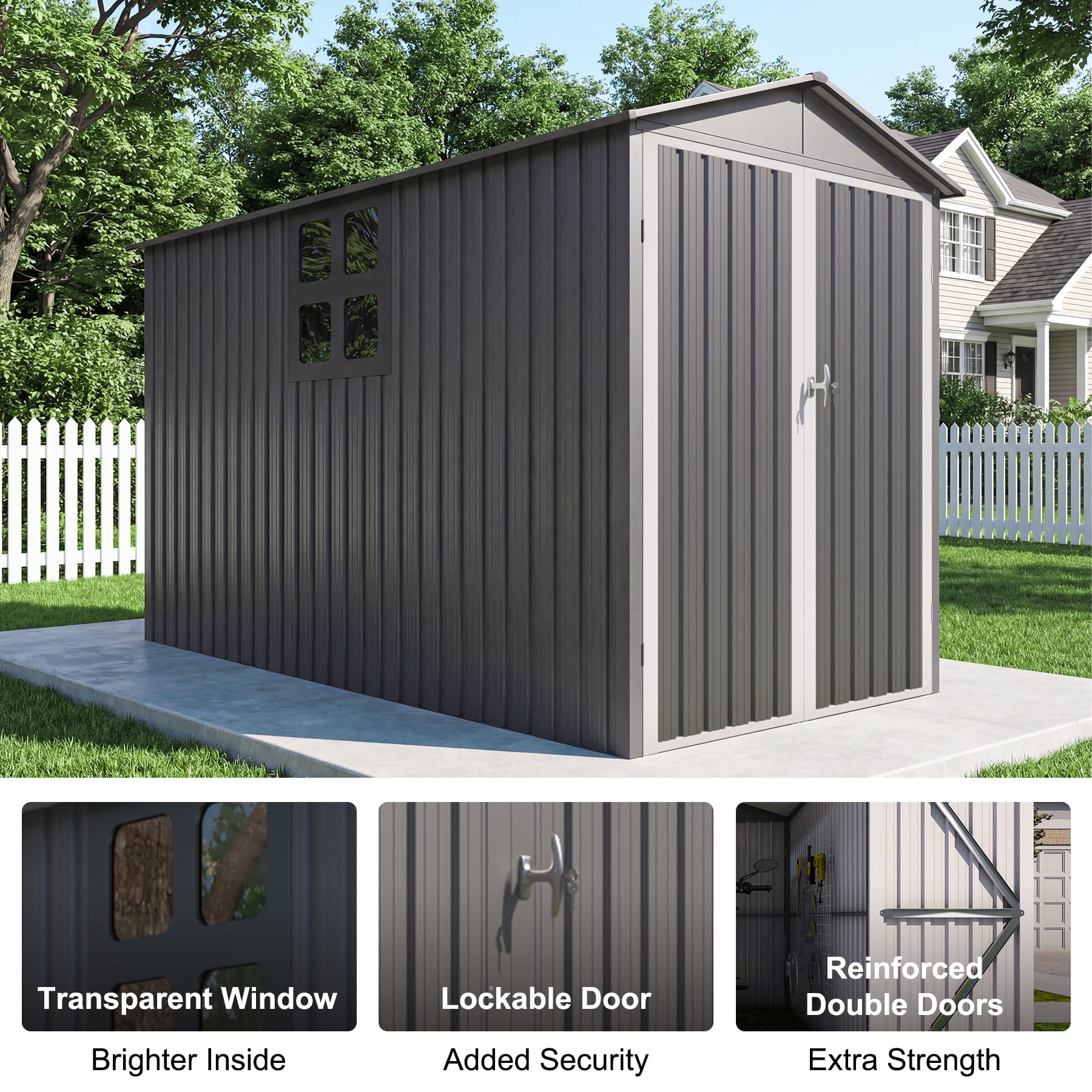 Chery Industrial Outdoor Metal Motorcycle Storage Shed with Window ,without Tracks & Fixtures,Grey&White