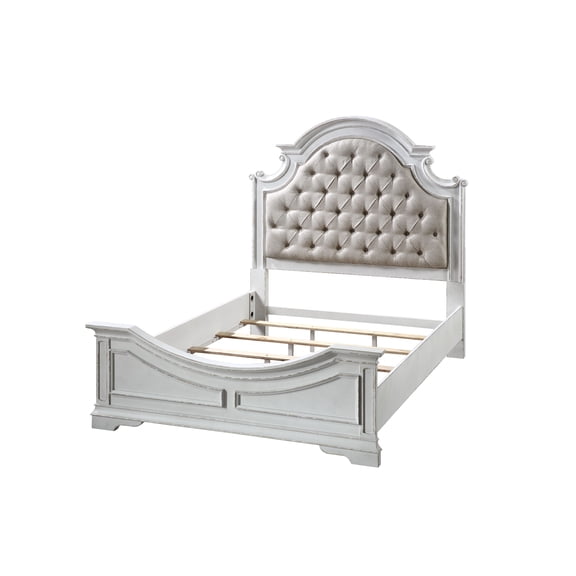 Florian Queen Bed in Beige PU & Antique White Finish