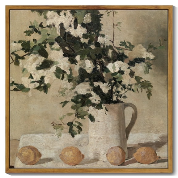 Drsoum Vintage Flower Wall Art 16x16in Natural Framed Classic Retro Floral and Lemons Bush Wall Prints Farmhouse Kitchen Bathroom Office Decor