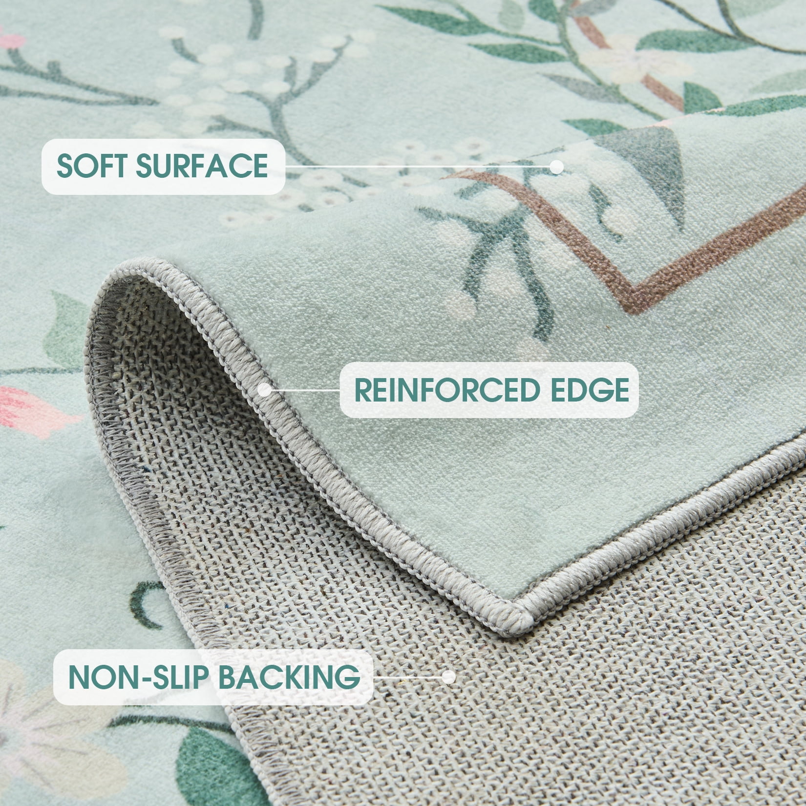 8x10 Area Rug Living Room Rugs - Washable Vintage Floral Soft Thin Large Rug Indoor Floor No Slip Rug Carpet for Bedroom Under Dining Table Home Office Decor - Green