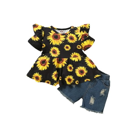 

Bmnmsl Girl Sets Sunflower Printed Tops with Short Ripped Jeans