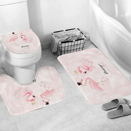 3 Pcs Watercolor Pink Flamingo Art Bathroom Rug Sets, Non Slip Bath Mat, Contour Mat and Toilet Lid Cover, Bathroom Mats Shower Mats Bath Rug Mat for Tub Shower and Bathroom