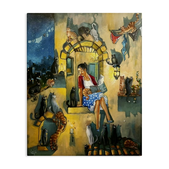 Stupell Industries Window Scene with Cats Town & City Painting Gallery Wrapped Canvas Art Print Wall Art, 16 x 20