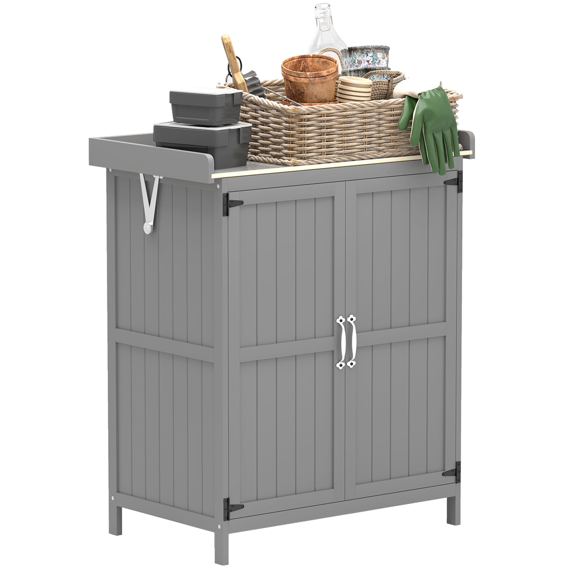Outsunny Outdoor Garden Shed, Wooden Backyard Shed with Metal Tabletop, Shelf and 2 Doors for Patio, Lawn, Gray