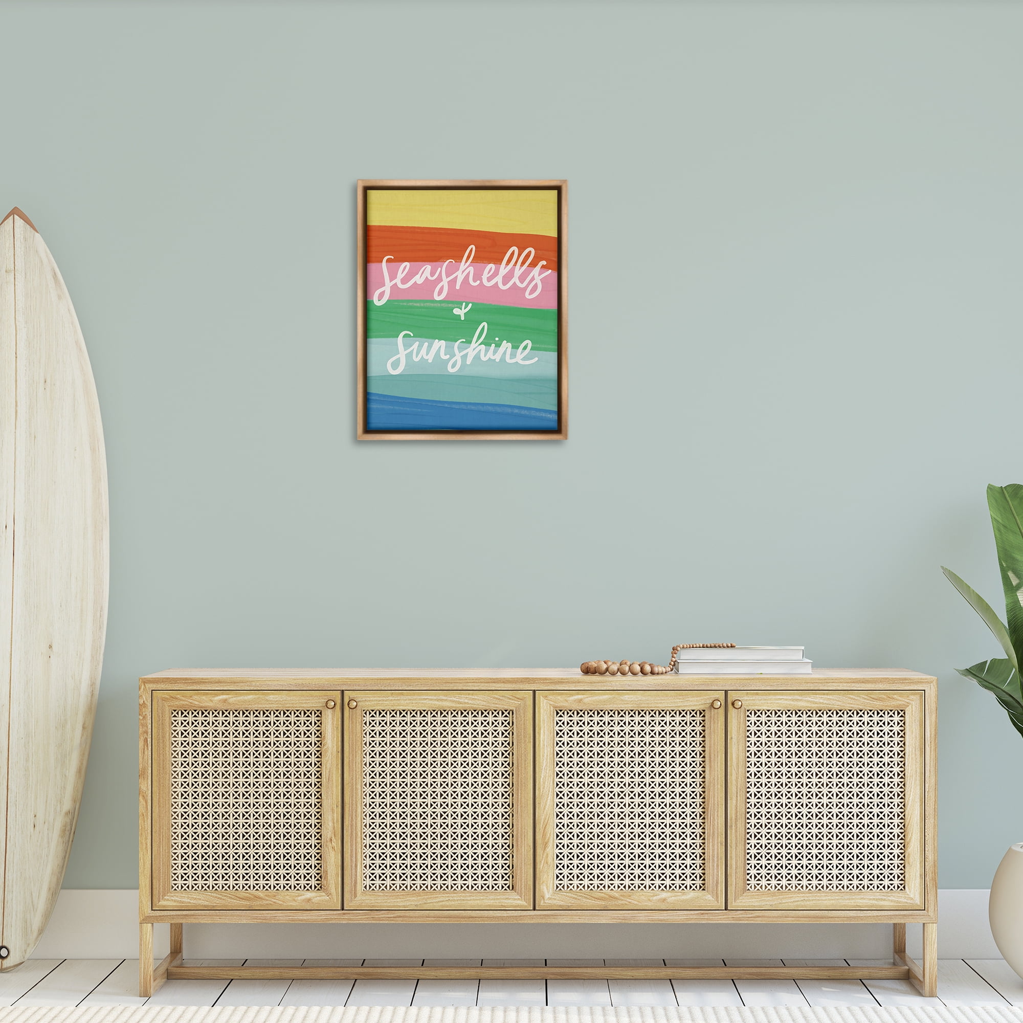 Stupell Industries Seashells & Sunshine on Rainbow Text & Numbers Painting Brown Floater Framed Canvas Art Print Wall Art, 25 x 31