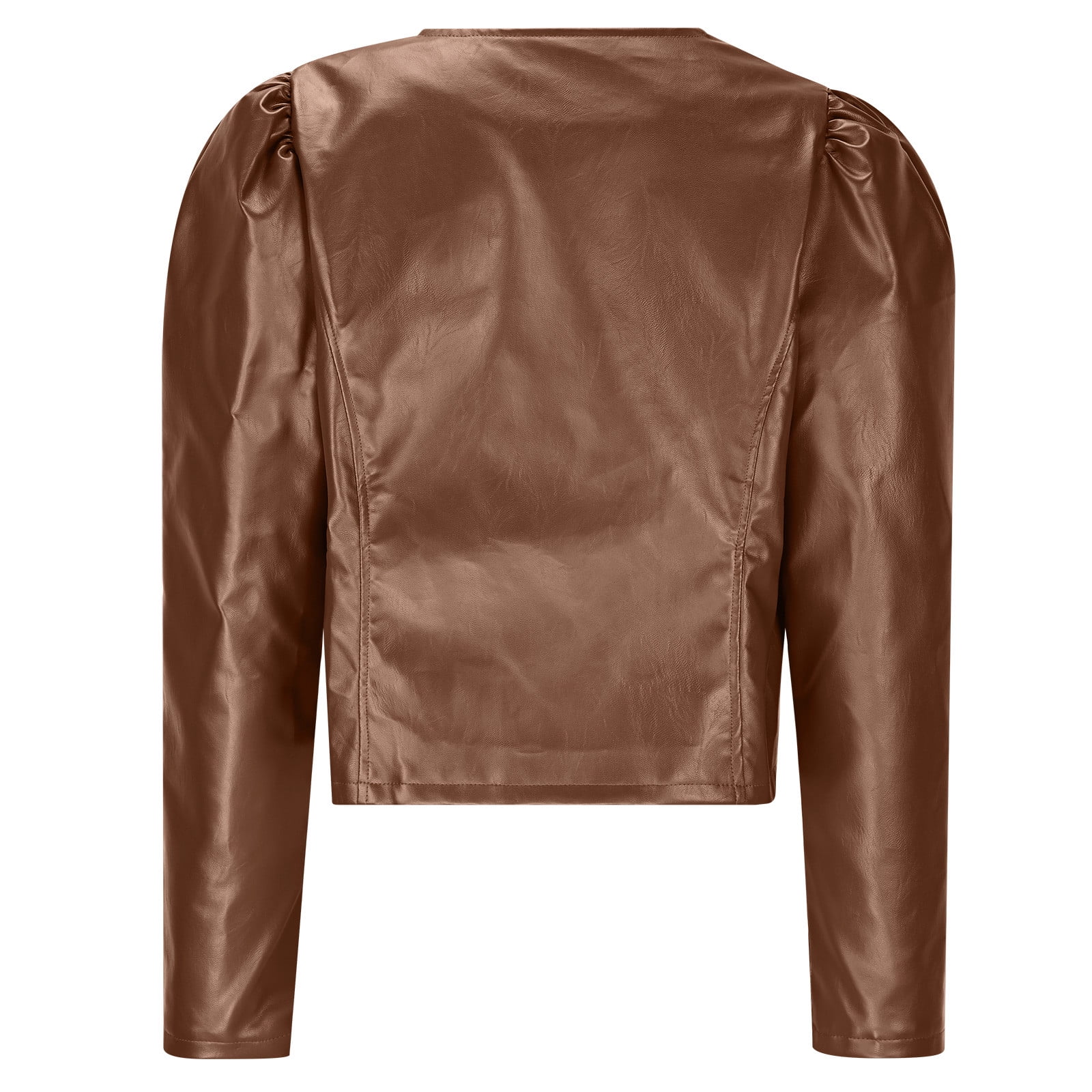 Hvyesh Women's Puff Sleeve Cropped Jacket Faux Leather Bolero Blazer Long Sleeve Open Front PU Cardigan Trendy Streetwear Moto Biker Jackets Brown