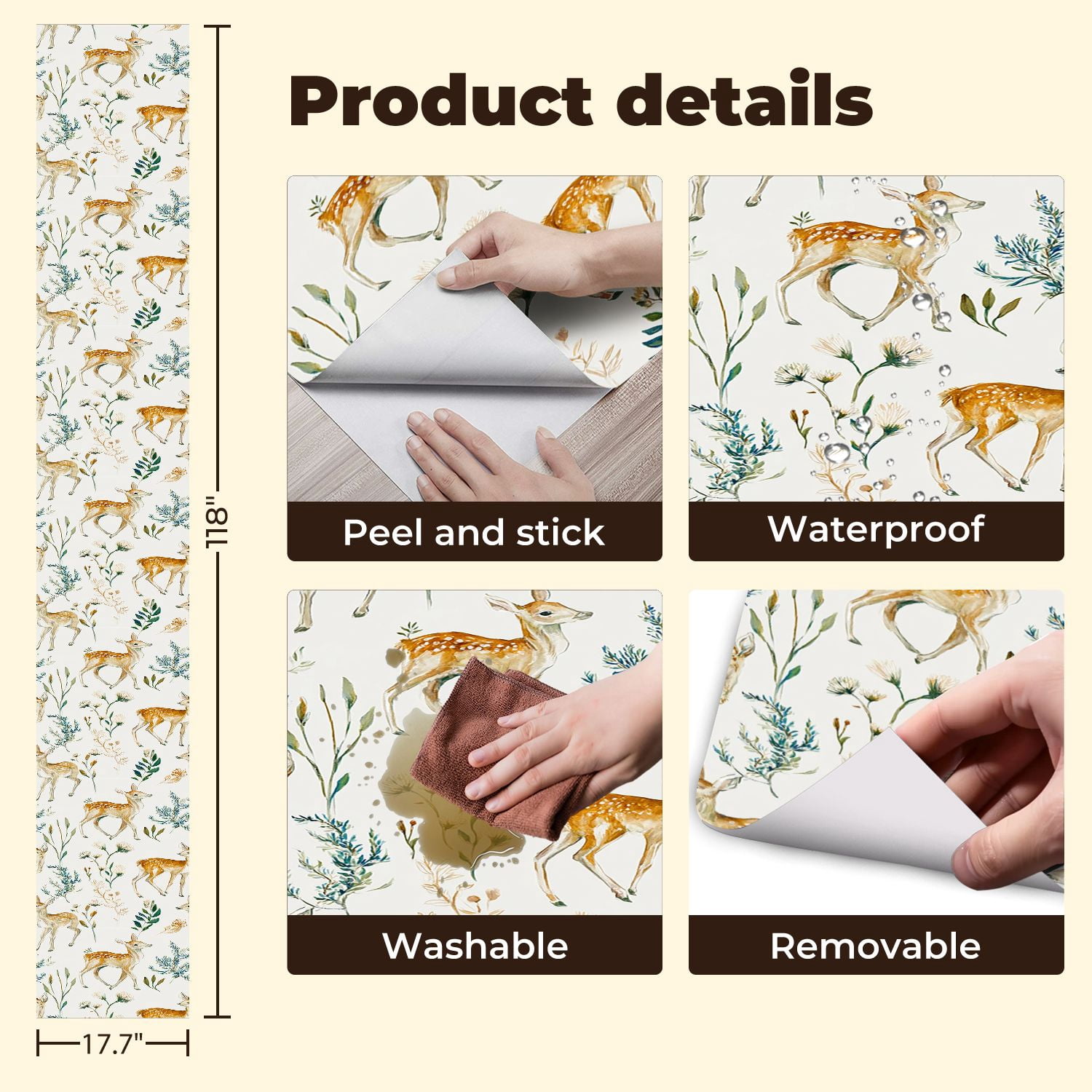 Peel and Stick Wallpaper Cute Baby Deer Wildflowers Watercolor Hunting Wildlife Wall Mural 17.7in x 9.8ft Self Adhesive Removable Wall Paper Renter Friendly Wallpaper for Nursery Bedroom Cabinets